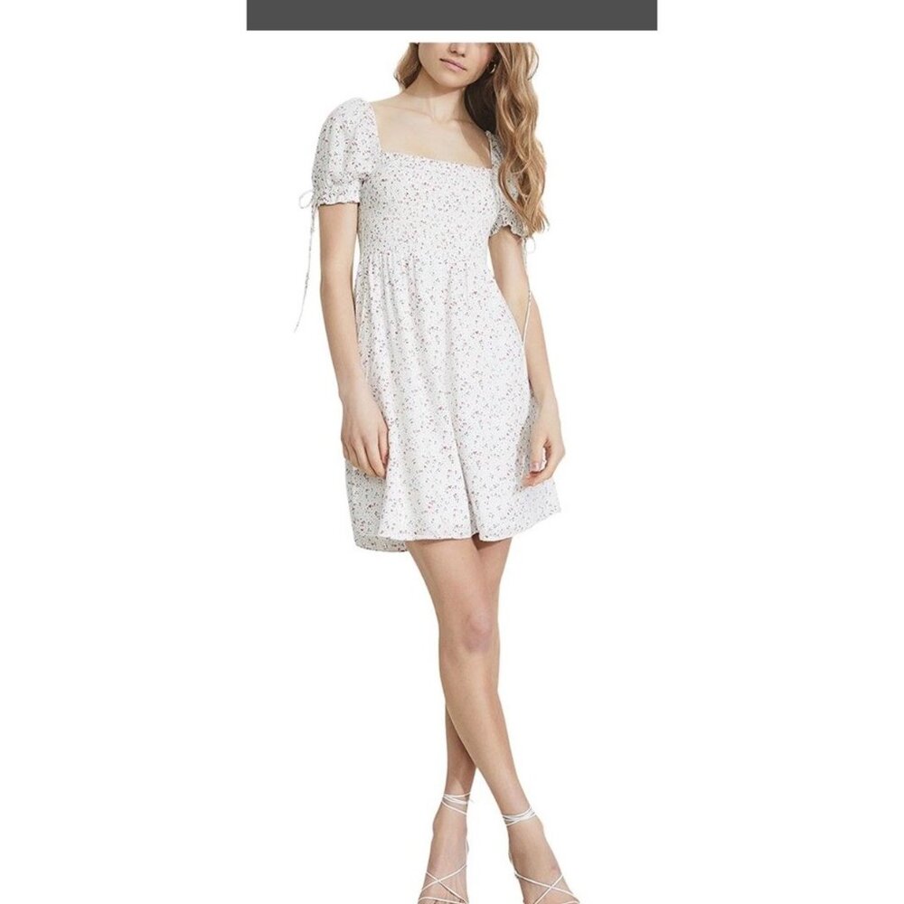 Bardot Ditsy Floral Square Neck Short Sleeve Smocked Mini Dress 8 White Short Z